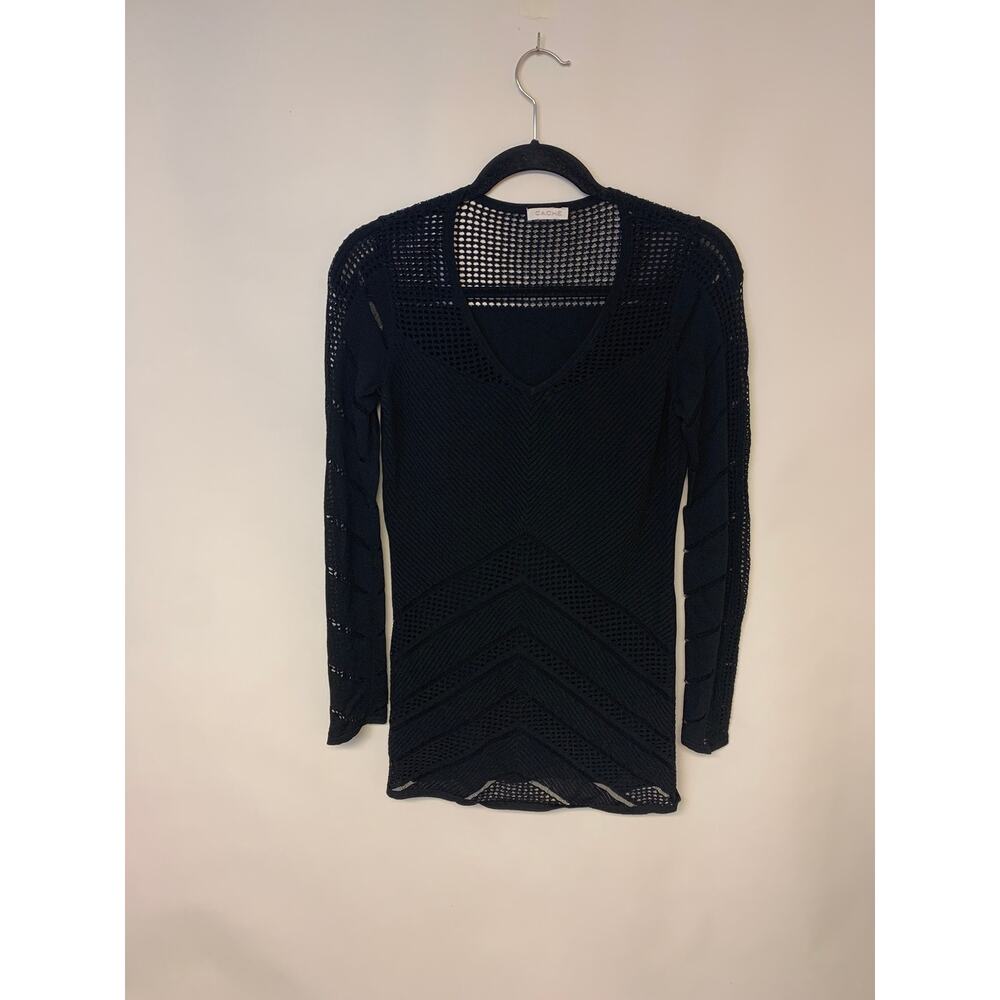 Cache Black Sweater Mesh Chevron  Edgy Open Knit Vintage 90s Classic